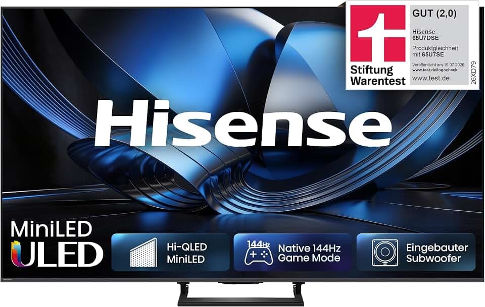 Hisense 65U7DSE Fernseher 65 Zoll, 4K UHD, Hi-QLED Mini LED, Smart TV, 144Hz, Hi-View AI Engine, IMAX Enhanced, AI Lichtsensor, Dolby Vision.Atmos, Tuned by DeVialet, FreeSync Premium Pro [2026]