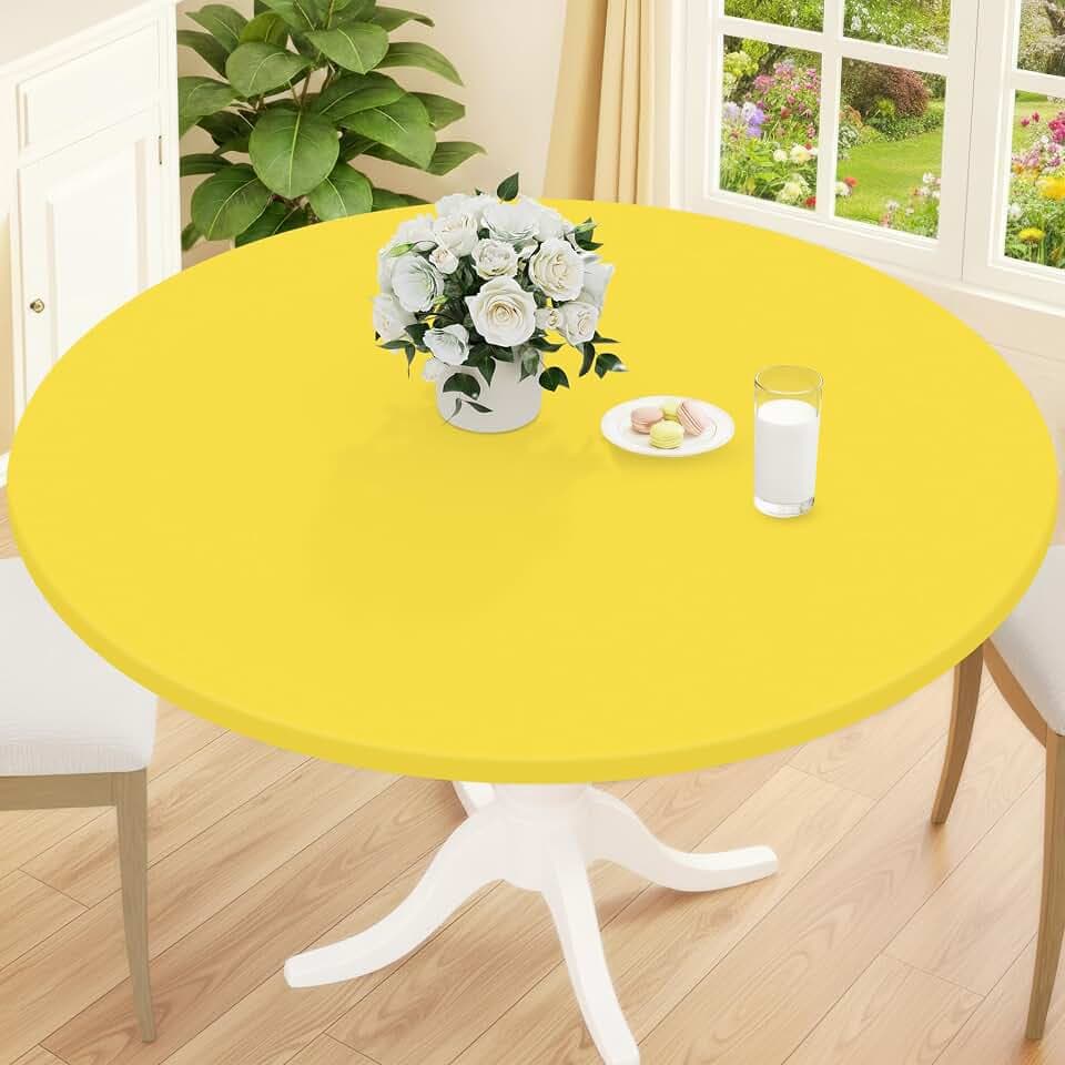 Smiry Round Picnic Tablecloth, Waterproof Elastic Fitted Table Covers for 45" - 56" Tables, Wipeable Flannel Backed Vinyl Tablecloths for Camping, Indoor, Outdoor, Yellow
