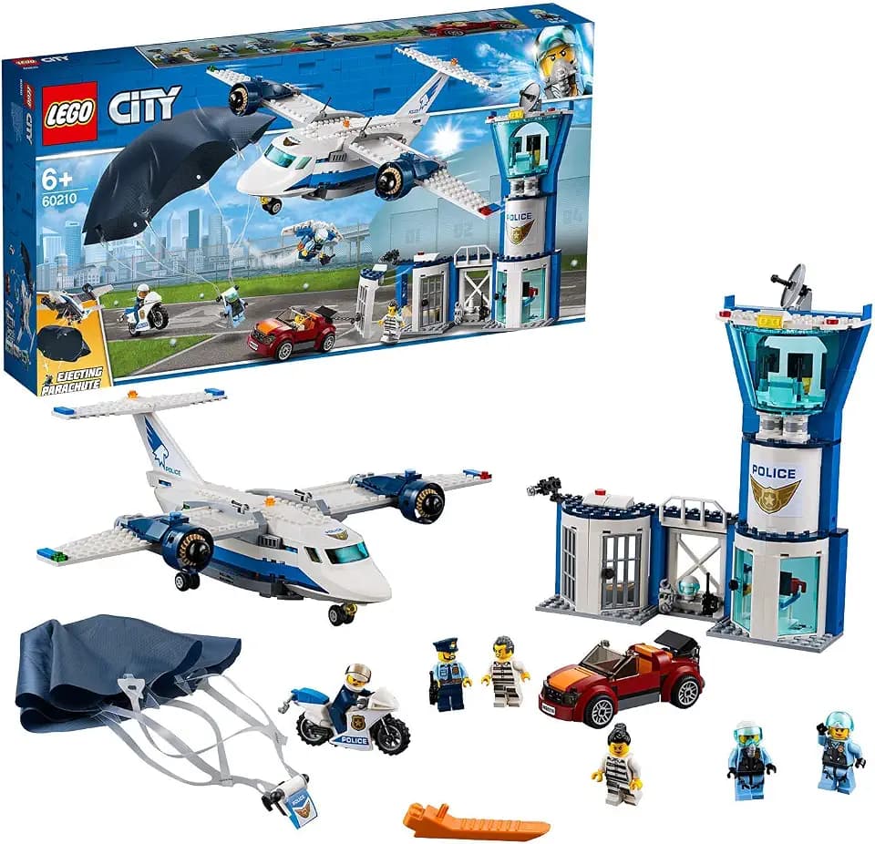 LEGO 60210 City Polizei Fliegerstützpunkt, Flugzeug mit Fallschirmjäger Plus Jetpack, Motorrad und Auto, Police Chase Bausets für Kinder