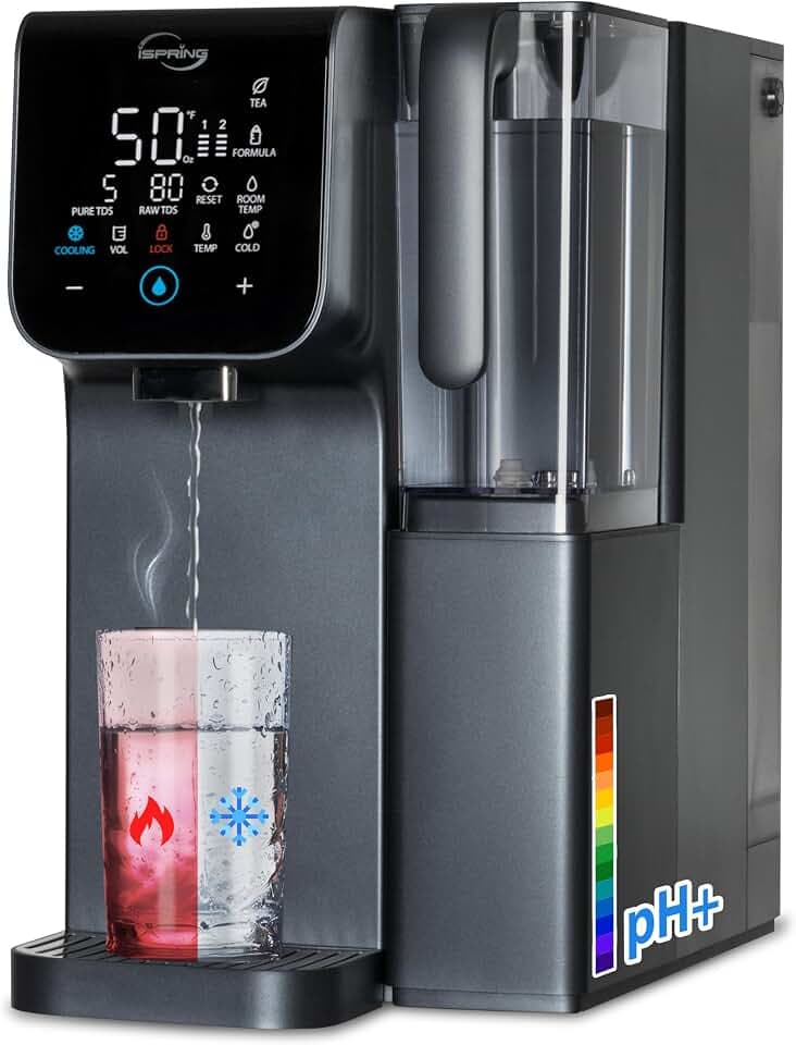 iSpring RCD100HCG Hot & Cold Reverse Osmosis System Countertop, Alkaline RO Water Filter Dispenser, 9 Temperature & 6 Dispensing Volume Options, TDS & Filter Lifespan Monitor, Plug and Play