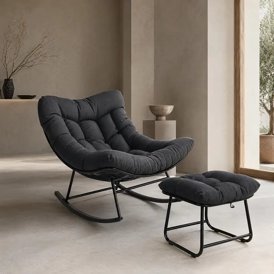 Outdoor Rocking Chair with Ottoman, Oversized Papasan Egg Lounge Rocker with 350 LBS Capacity, UV-Resistant Cushion, Anti-Tip Powder-Coated Metal Frame, for Patio Porch Balcony Bedroom, Grey