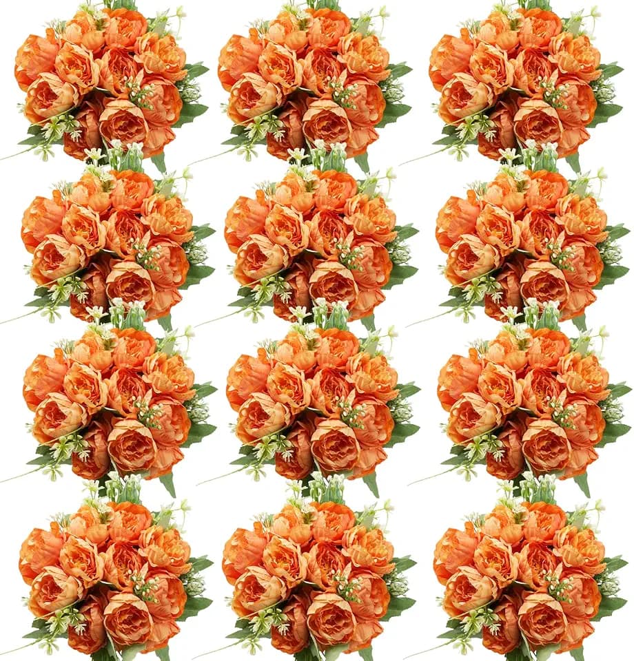 12 Bundles Orange Peonies Artificial Flowers Bulk for Centerpiece