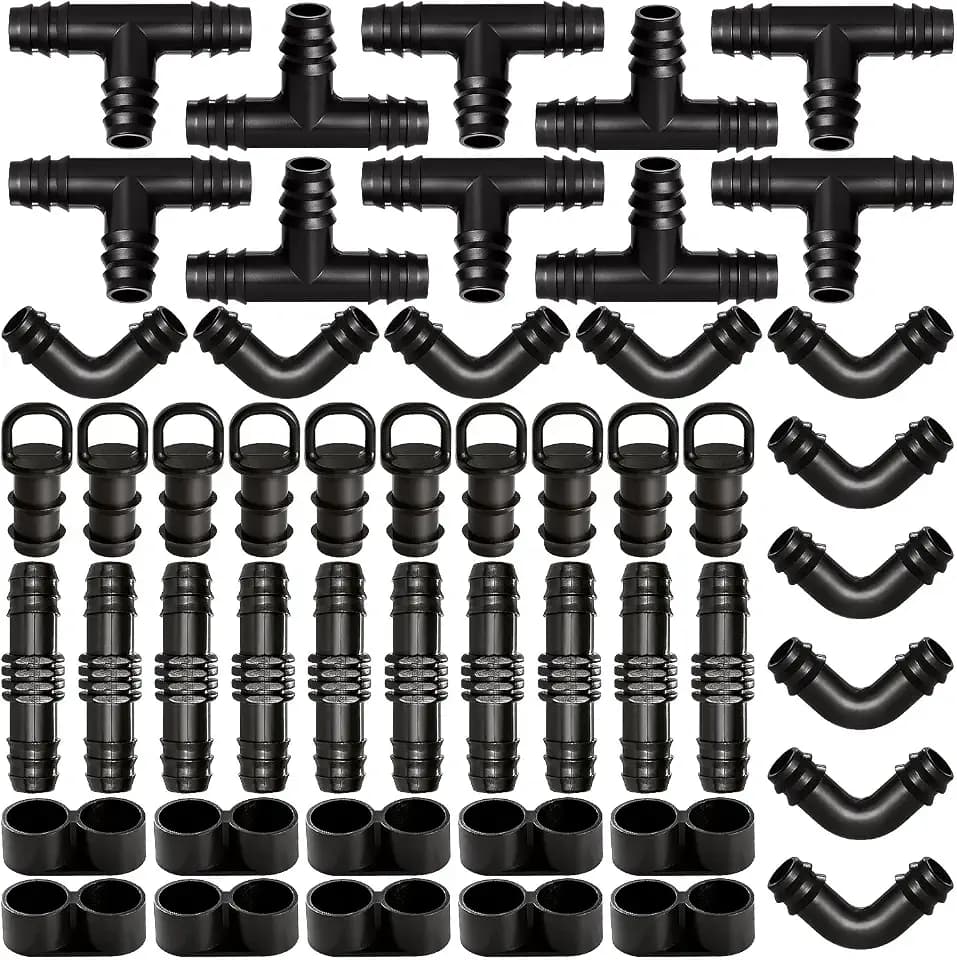 VooGenzek 50 Stücke 16mm Bewässerung Anschluss Kit für Schläuche, Stecker Widerhaken Schlauch Verbinder 16mm Bewässerung System, Gerade, Bögen, T-Stücken, End Kappen, Endstopfen