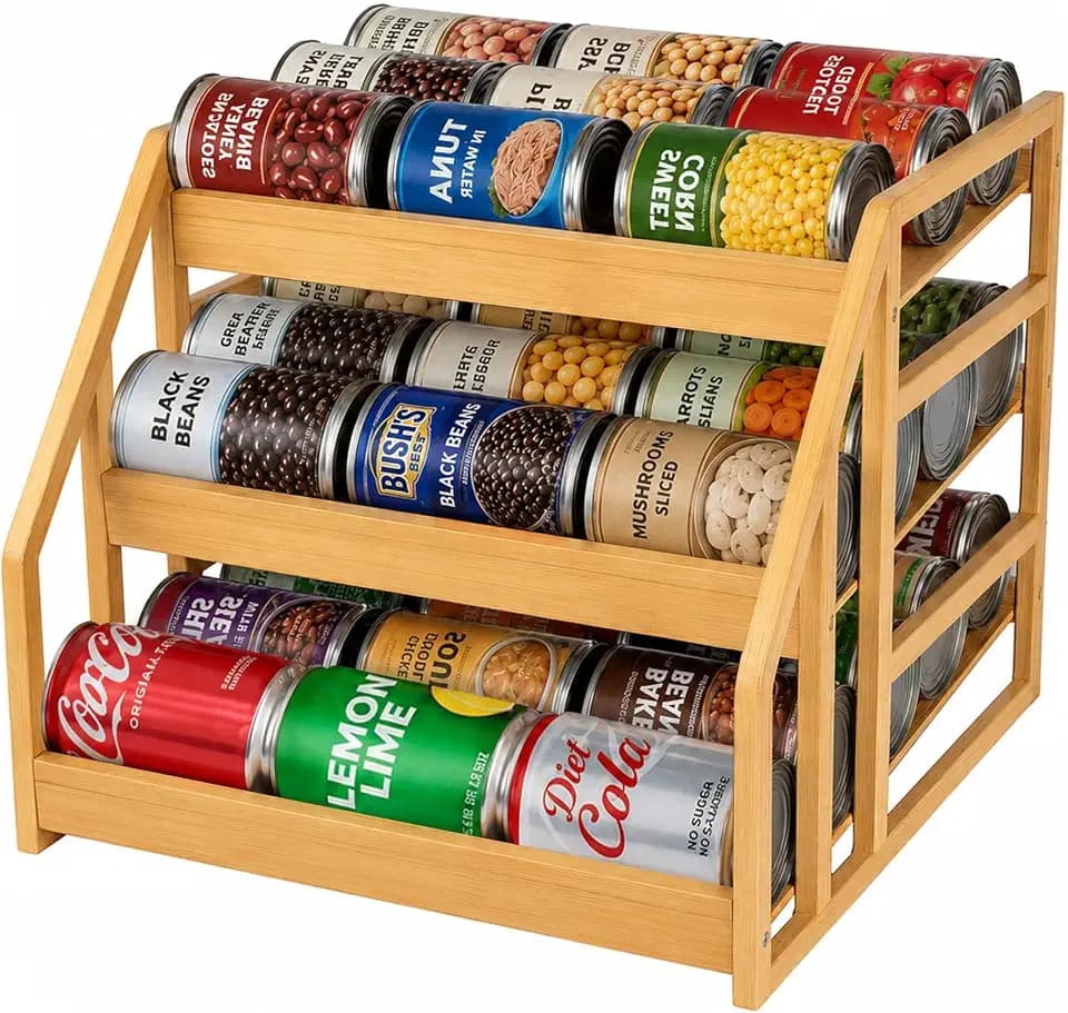 MinBoo 3-Tier Bamboo Can Organizer for Pantry - Holds 36 Cans (9/12/15) - Stackable Canned Food Dispenser with Adjustable Dividers - Gravity-Fed Rolling Storage Rack for Kitchen Cabinets