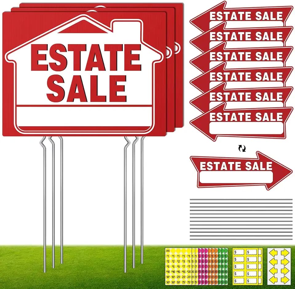 14Pcs Estate Sale Signs,17" x 13",Estate Sale Arrows Yard Sign Double Sided wth Metal Stake, Yard Sale Pricing Stickers,Directional Arrows & Fluorescent Neon Stickers