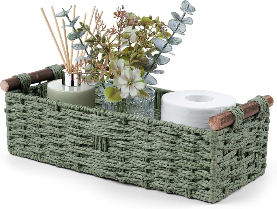 Round Paper Rope Storage Basket Wicker Baskets for Organizing with Handle Decorative Storage Bins for Countertop Toilet Paper Basket for Toilet Tank Top Small Baskets Set,Green
