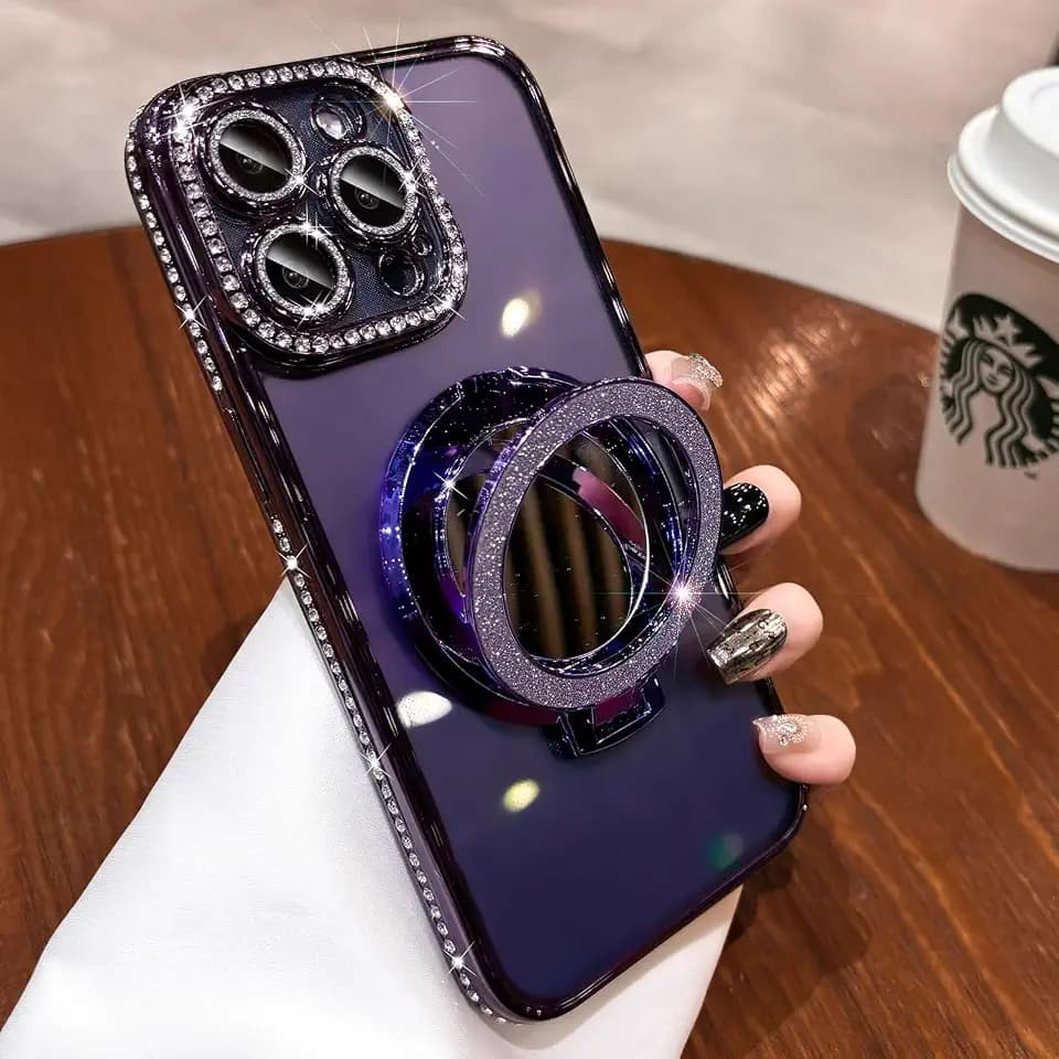 Glitter Diamond Magnetic Case for iPhone 15 Clear with Sparkly Makeup Mirror Invisible Kickstand Ring Holder iPhone 15 Case Women Girls Cute Bling Luxury Shiny Shockproof Protective Cover 6.1",Purple