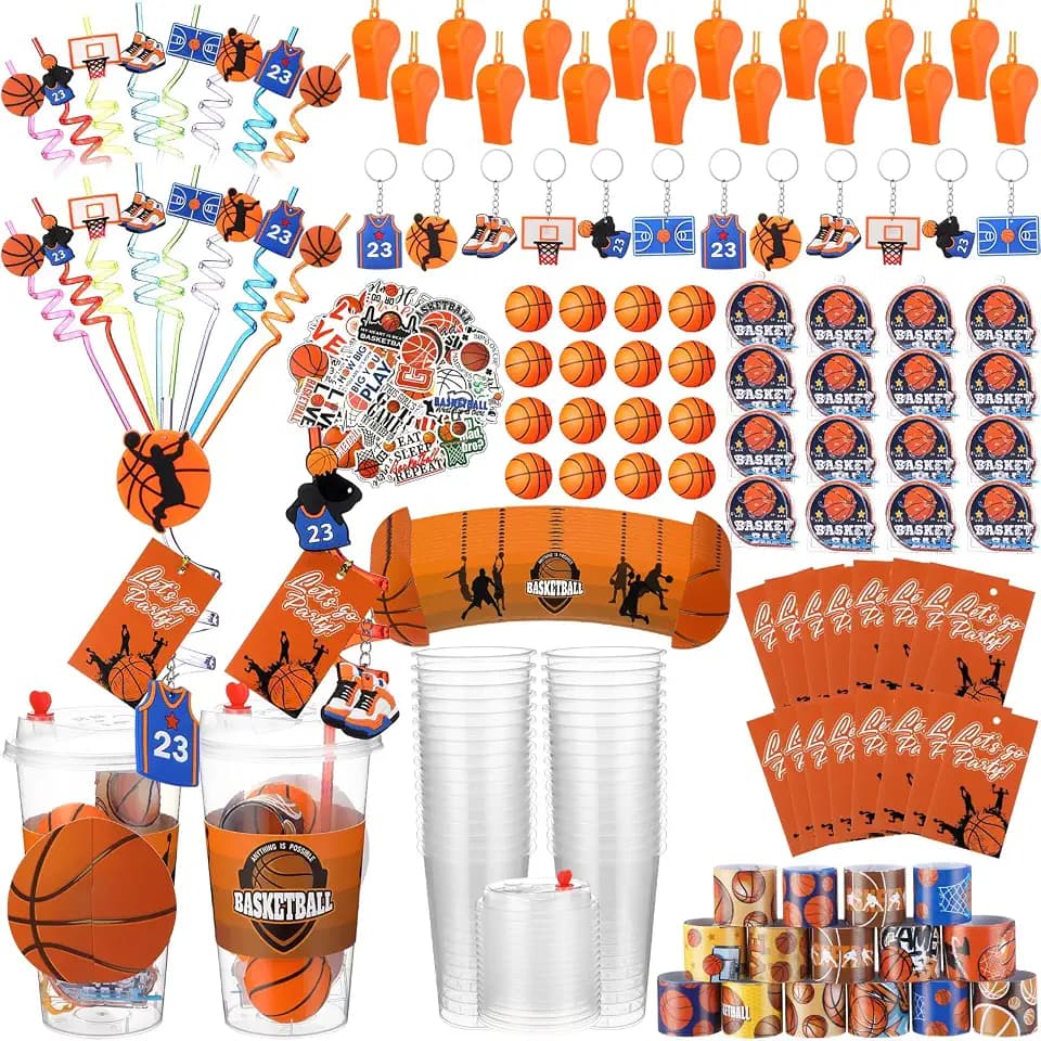Seenelling 195 Pcs Basketball Party Favors Set with Cup Straw Cup Sleeve Bouncy Ball Mini Pinball Machine Keychain Sticker Clap Bracelet Tag for Sport Reward Birthday Gift Party Supplies