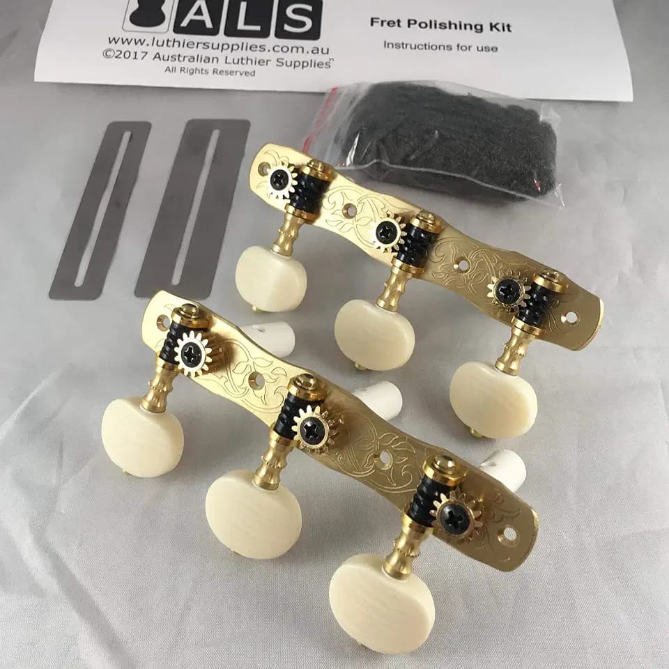 Gotoh Mechaniken f?r klassische Gitarre (Bonus ALS-Bund-Polier-Kit) 35G1800-2M Modell-Stimmwirbel von Gotoh Japan, massives Messing mit elfenbeinfarbenen Kn?pfen