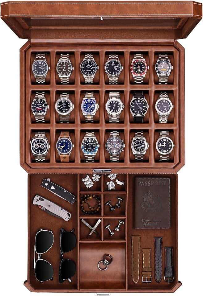 ROTHWELL 18-Fächer Uhrenkasten mit Schublade – Luxus-Uhrenbox für Herren, Echtglas-Oberteil, abschließbar, Vitrine für Sammlungen (Tan/Braun)