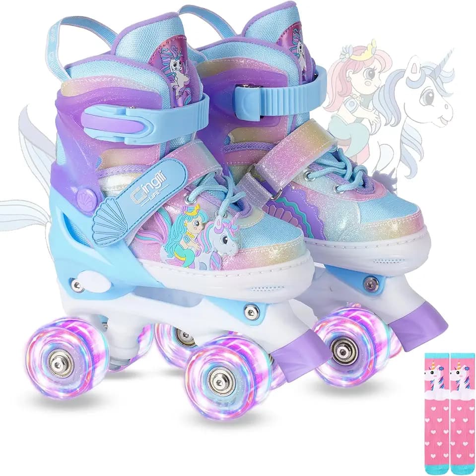 Girls Roller Skates for Kids Ages 3-12 Adjustable Light Up Roller Skates for Toddlers Beginners Boys Unicorn Mermaid Rainbow Gift for Indoor Outdoor Sports