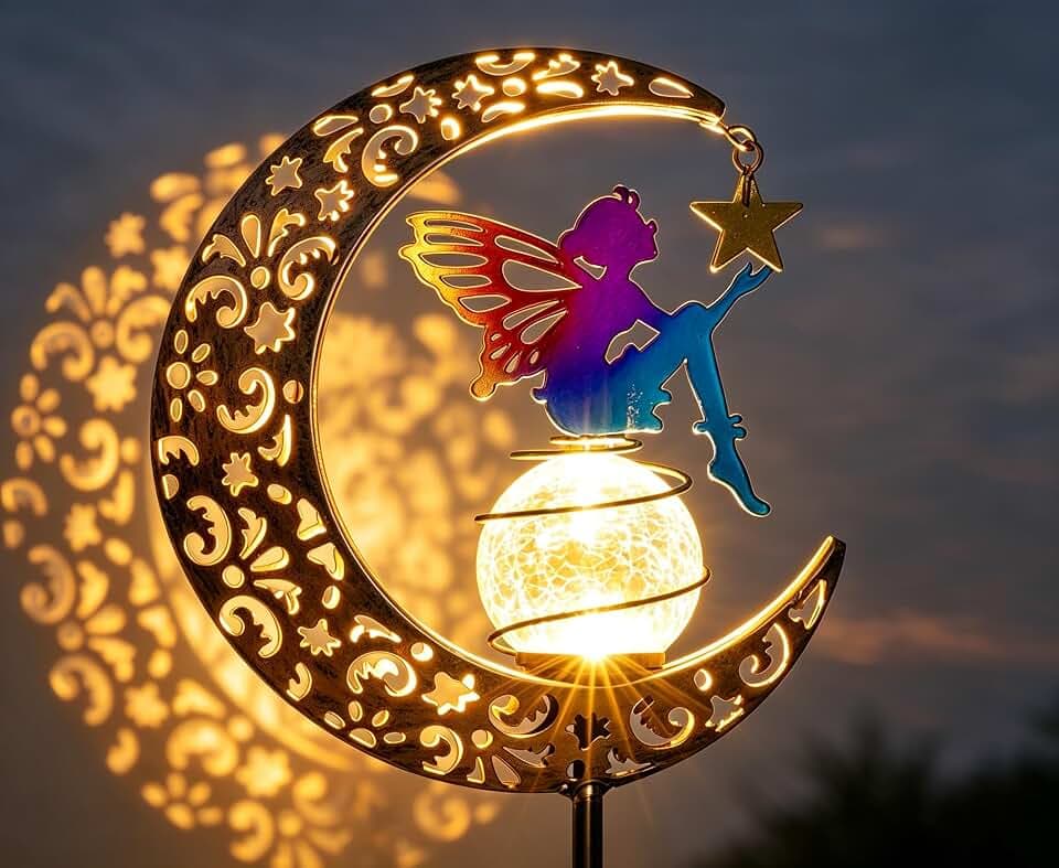 Solar Outdoor Garden Statue, Fairy Moon Figurine LED Light Stake, Waterproof Yard Lawn Pathway Patio Ornament, Unique Gift Ideas for Gardening