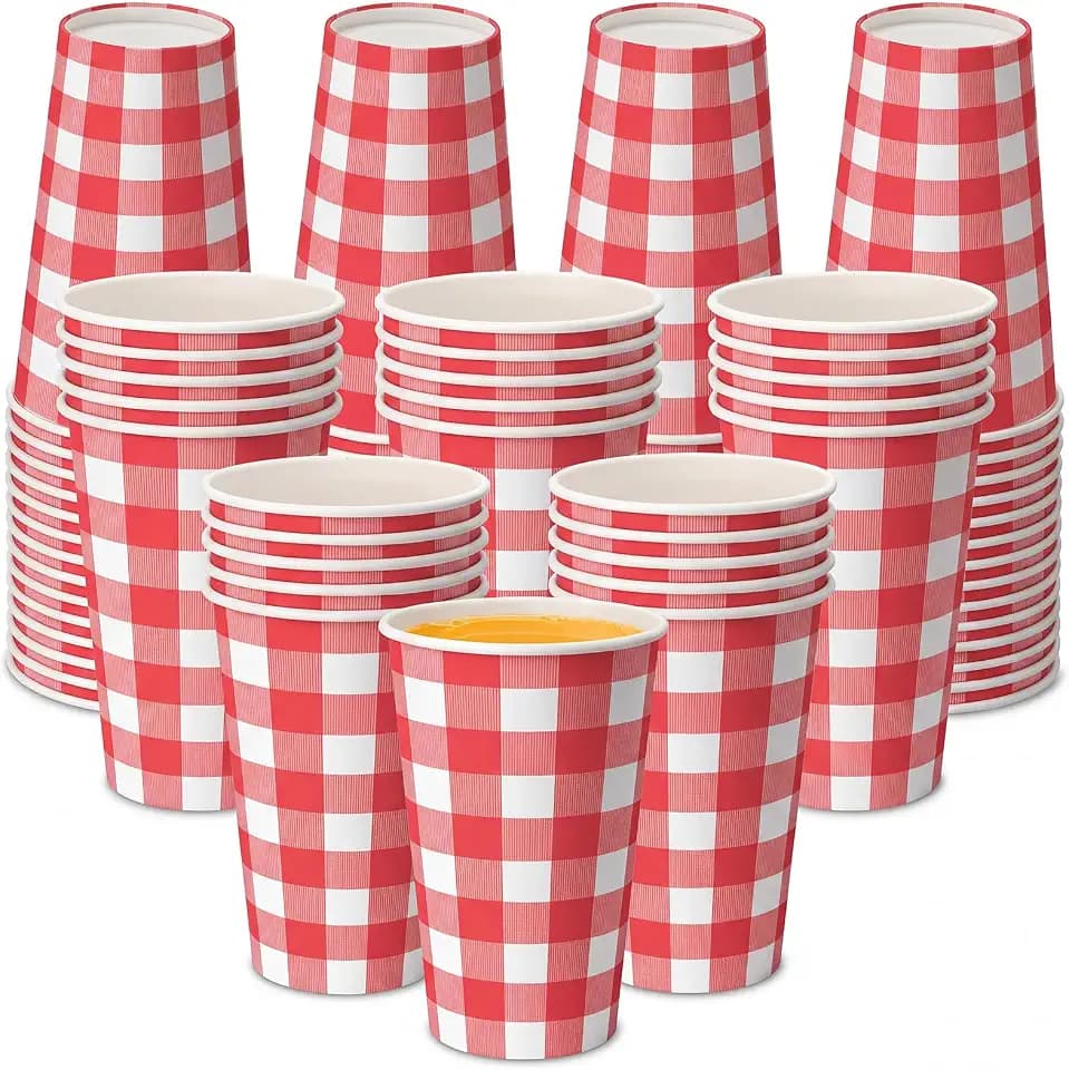 Tioncy 50 Pcs Red Gingham Paper Cups, 12 oz Disposable Paper Coffee Cups