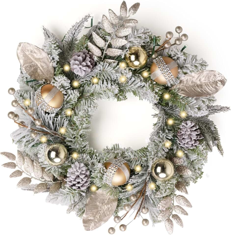 Valery Madelyn 16 Zoll/40CM Weihnachtskranz türkranz Weihnachten, haustür weihnachtskranz Weiß Gold, Adventskranz mit 20 LEDs Timer und Tannenzapfen Weihnachtskugeln für Weihnachtsdeko Feste Advent