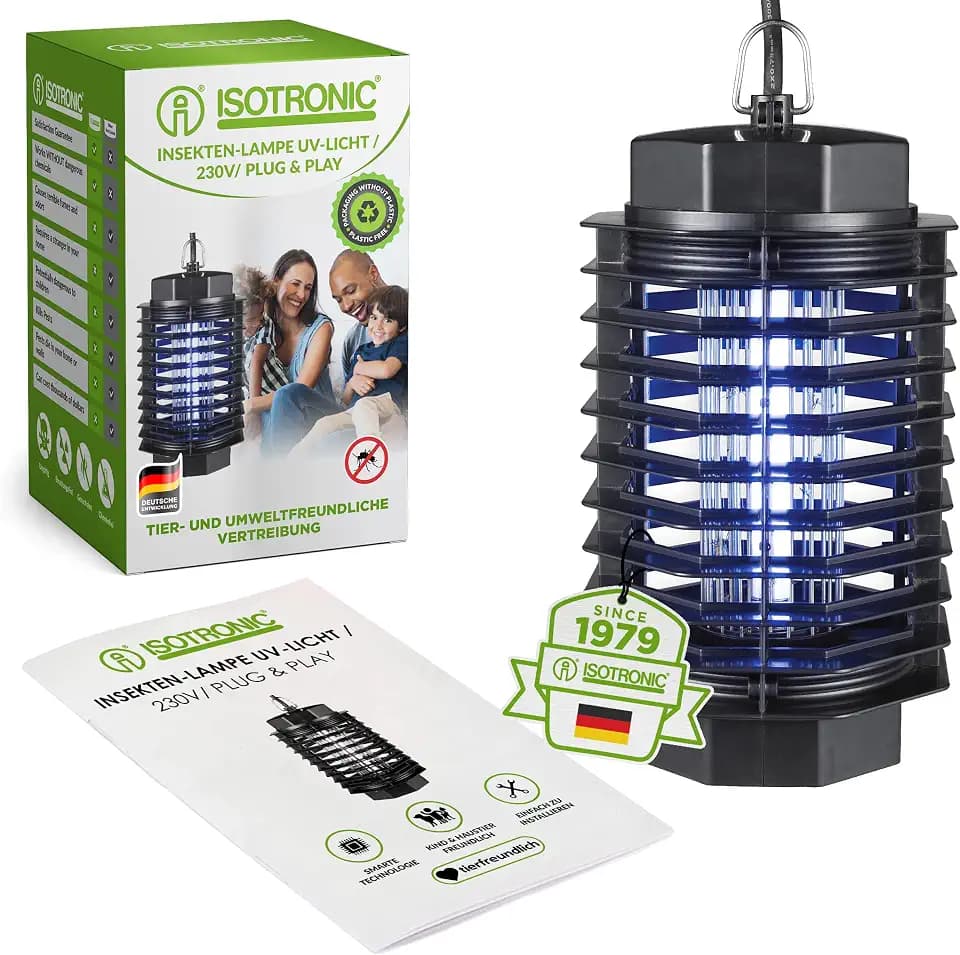 ISOTRONIC Elektrischer Insektenvernichter schützt vor Mücken, Fliegen & Motten– UV Mückenlampe mit 500V für Innen – Wirkungsbereich von 50m² (1 Stück)