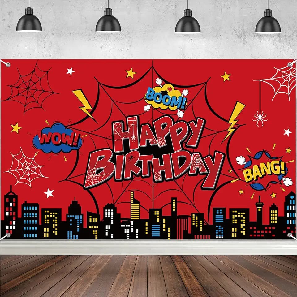 Red Spider Happy Birthday Banner Backdrop Decorations, Red Spider Wed Photo Banner Background Cartoon Wall Décor for Boy’s Birthday Party Photography Decorations, 73 x 43 Inch