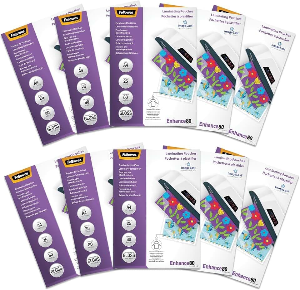 Fellowes Laminierfolien A4 ImageLast, 250 Stück (25pk x 10), 80 Mikron (2 x 80 Mikron), transparent mit Ausrichtungshilfe. Ideal für Fotos und Informationshinweise mit optimalem Kontrast