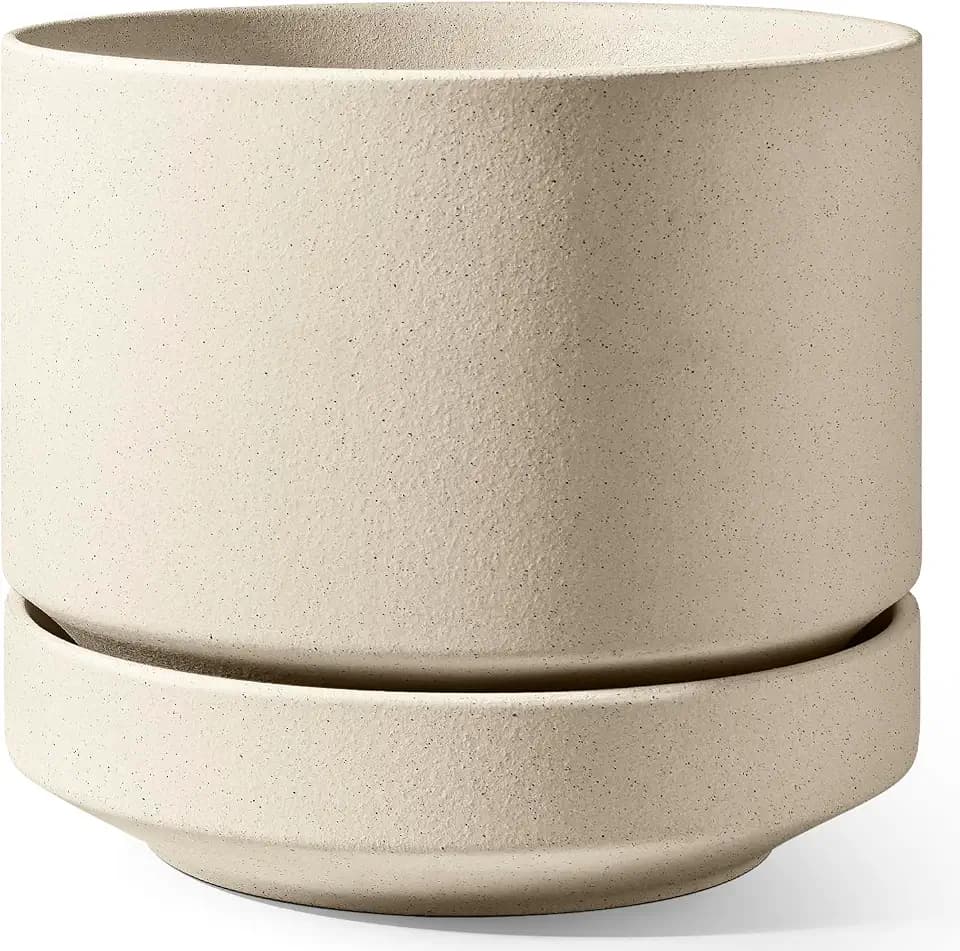 LE TAUCI Large 14 Inch Plant Pot with Saucer | Ceramic Outdoor & Indoor Big Planter Pot | Drainage Hole, Mesh Pad | Unglazed Porous | Modern Minimalist for Home and Patio – Speckled Oat