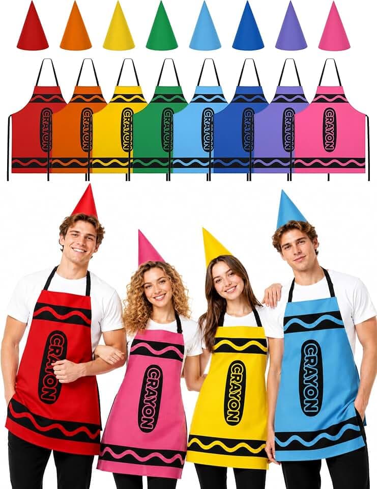 16PCS Crayon Costume Adults Color Apron with Cone Hats Funny Halloween Outfit for Men Women Family Group Party Cosplay