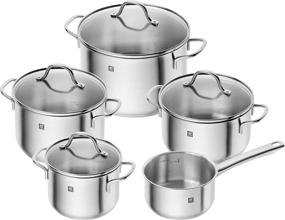 ZWILLING Flow Kochtopf-Set 5-teilig mit Glas-Deckel, Induktionsgeeignet, Unbeschichtet, Edelstahl, Silber