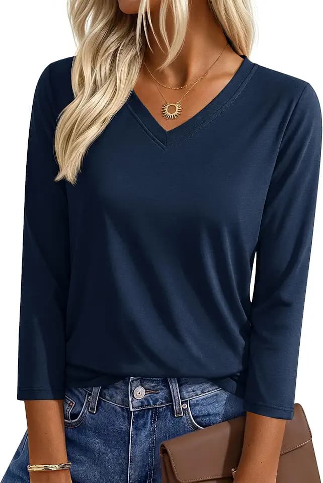 YUCOLEN 3/4 Length Sleeve Womens Tops V Neck Cotton Casual T Shirts