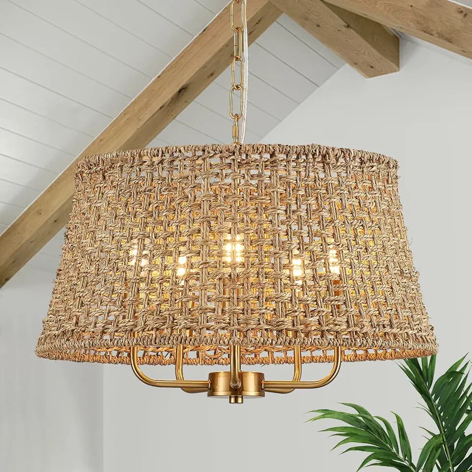 19.7" Boho Rattan Chandelier, 5-Light Gold Wicker Light Fixture