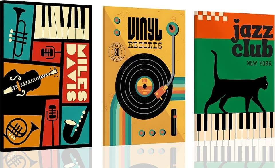 Framed 3Pcs Vintage Jazz Music Themed Canvas Print Wall Art 12x16 Inches