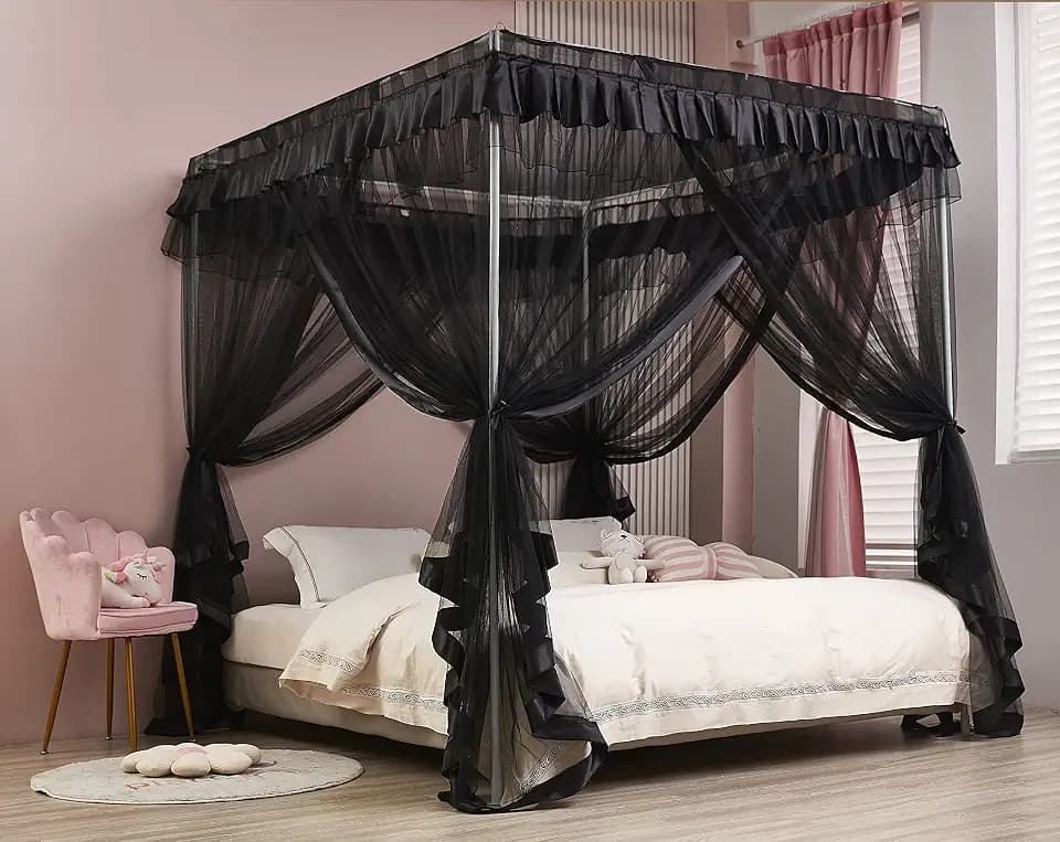 Mengersi 4 Eckpfosten Bett Baldachin Bettvorhänge Moskitonetz Schlafzimmer Dekoration Zubehör (Doppelbett, schwarz)