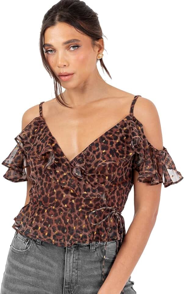 Women's Wrap Top Ladies Blouse Cold Shoulder Ruffle Frill Sleeve V-Neck Animal Print Peplum Tie Fasten Smart Casual Boho