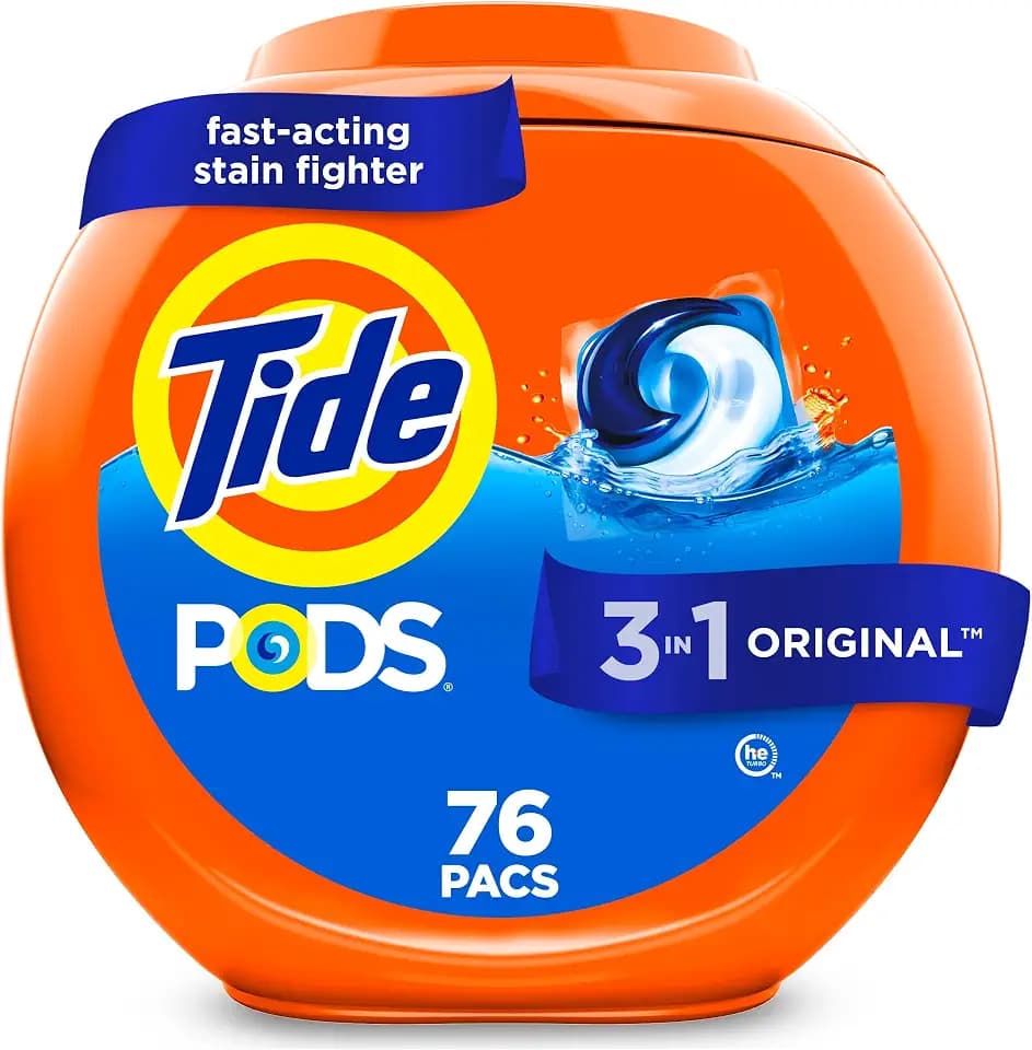 Tide PODS laundry detergent pacs, 3-in-1 Stain Remover, Odor Fighter, Color Protector, 76 Count, HE compatible, Original Scent