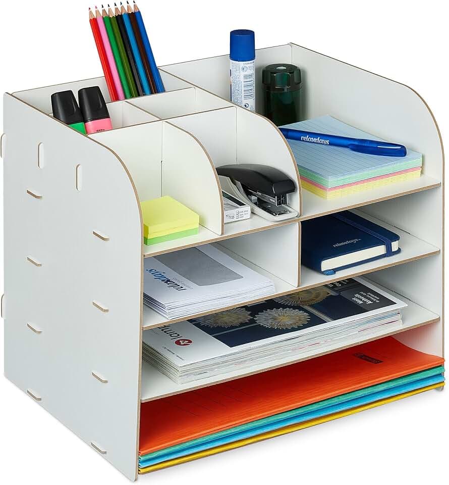 Relaxdays Schreibtisch Organizer mit Dokumentenablage, 10 Fächer, HBT: 27,5 x 32,5 x 25 cm, Büroorganizer MDF, Farbwahl