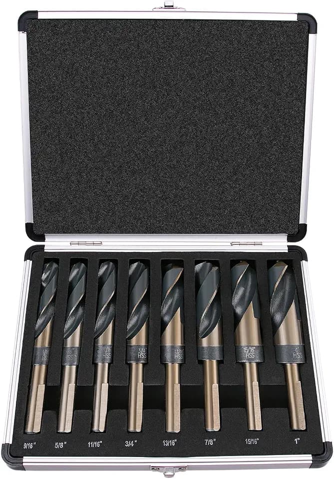 EFFICERE 8-Piece Premium 1/2” Reduced Shank Silver and Deming Large Drill Bit Set in Aluminum Carry Case, M2 High Speed Steel, 135-Degree Split Point | SAE Inch Size 9/16” - 1” by 1/16th Increment
