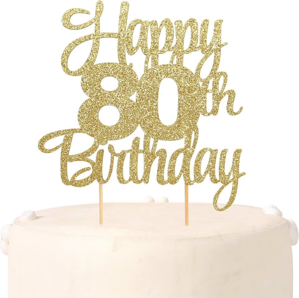 Cake Topper 80. Geburtstag, Happy Birthday Tortendeko, 80th Geburtstag Tortendekoration, Glitzer Geburtstagdeko, Kuchendeko, Partyzubehör für 80 Jahre Frau Mann (Gold)