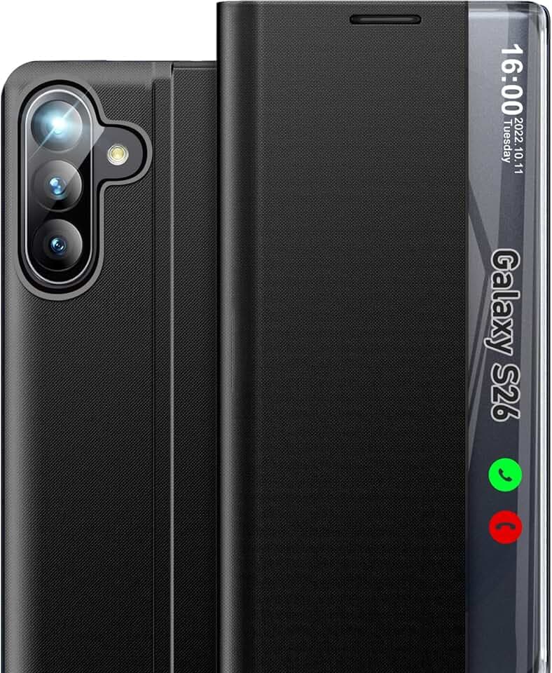 Phone Case for Samsung S26 5G, Clear View Window Slim Mirror for Galaxy S26 5G Case with Kickstand, Leather Hard PC Flip Shockproof Protective Cover for Samsung Galaxy S26 5G Funda (Black)