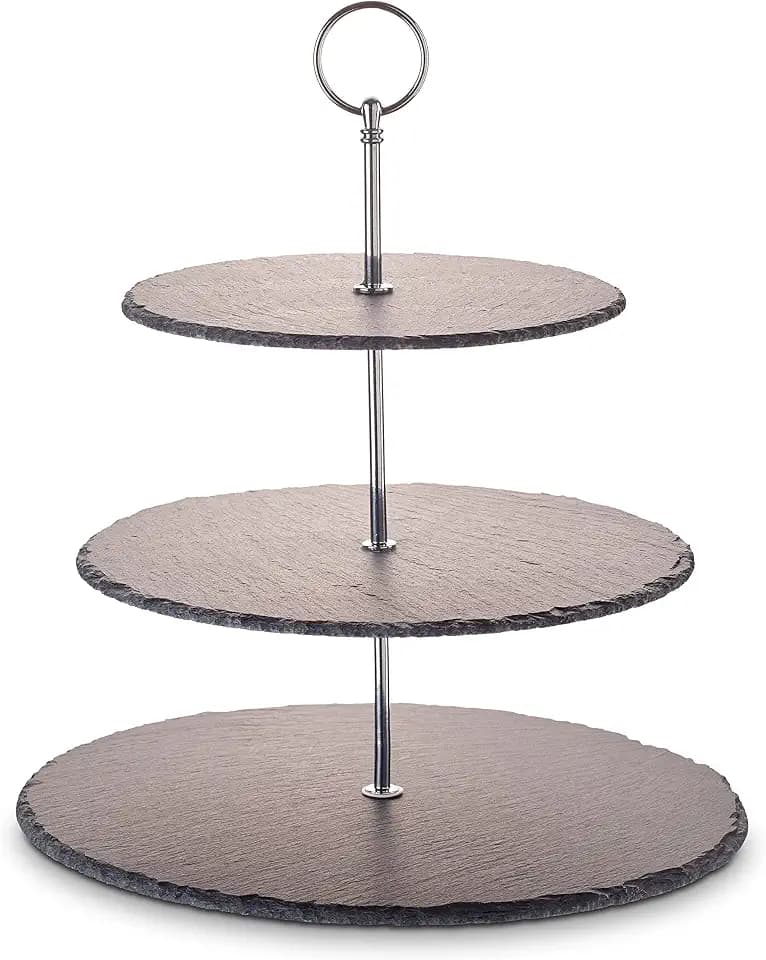 ECHTWERK Etagere-/ Servier-Ablage für Gebäck, Obst, Käse und Dessert aus Naturschiefer mit 3 Ebenen und Metallgriff, Silber-Edition, Ø Schieferplatten ca. 20/25/ 30 cm
