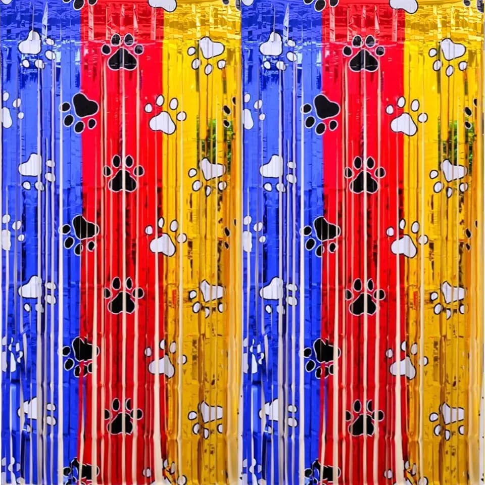 Paw Foil Fringe Curtains, 2 Pack Paw Birthday Decorations, Gold Red Blue Metallic Tinsel Paw Birthday Backdrop Party Supplies for Kids Birthday Room Decor Puppy Photo Booth Prop Backdrop
