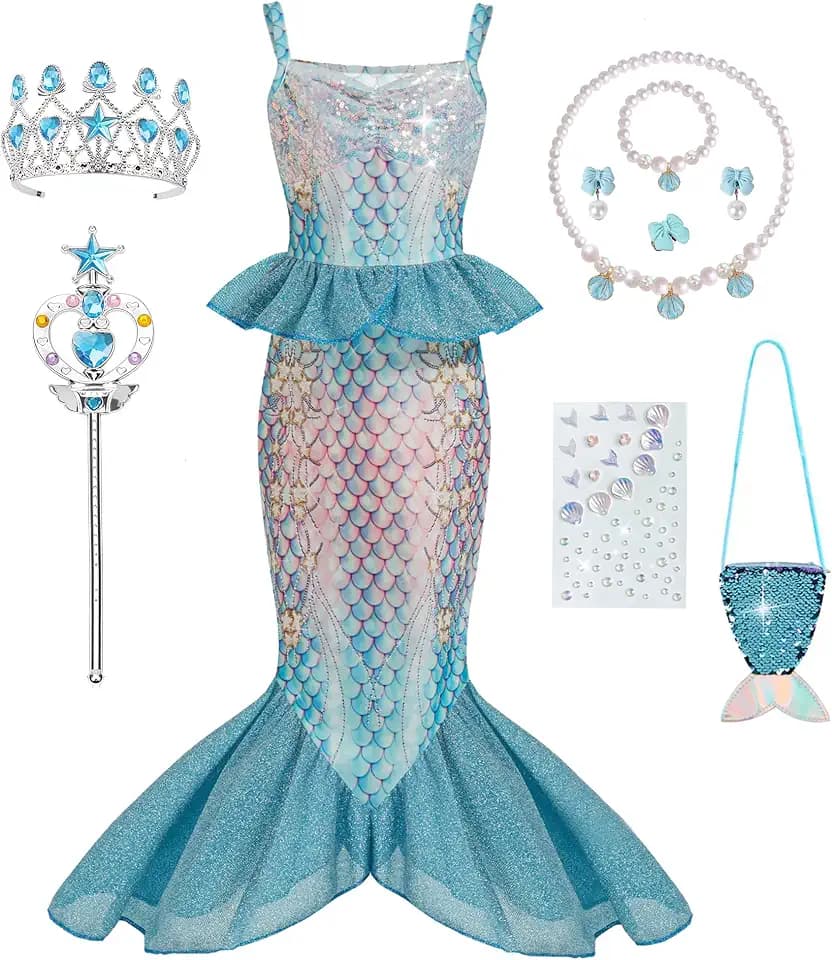Mermaid Costume for Girls -Little Mermaid Dress with Jewelrys &Bag,Princess Dress Up for Girls Birthday Gift 3-12Y