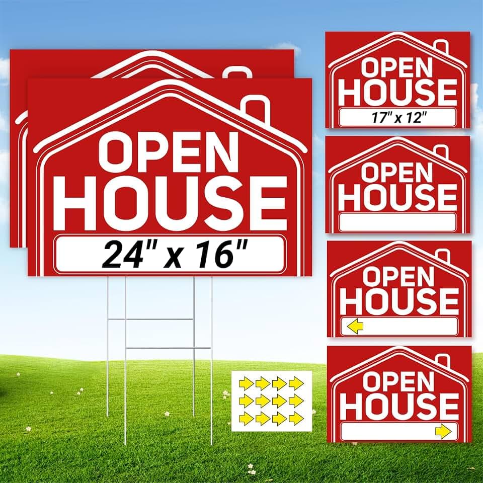 6 Pcs Open House Signs for Real Estate, 2 Pcs 24" x 16" and 4 Pcs 17" x 12" Open House Signs with Sturdy Metal Stakes and Arrow Stickers, Double-Sided Waterproof Yard Signs for Open House Supplies