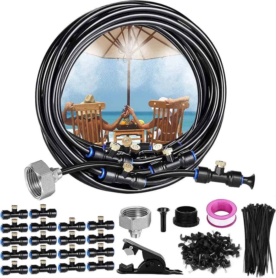 15M Sprühnebel Kühlung Bewässerungssystem, Misting System, Outdoor Misting System mit 18 Messing Nebeldüsen, Nebelkühlung für Garten Gewächshaus Sonnenschirm