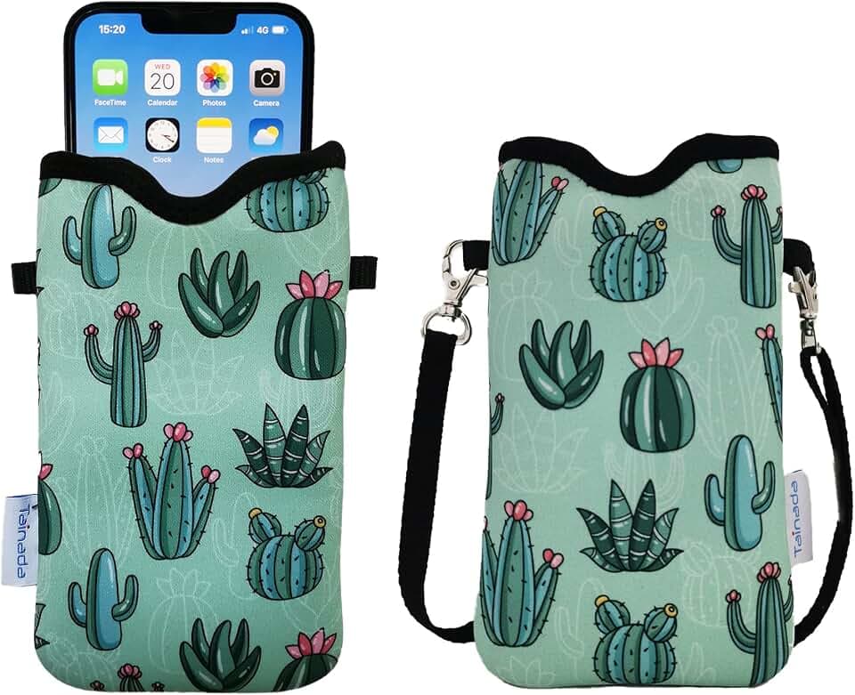 Tainada Neck Phone Pocket Pouch w/Crossbody Strap (Cactus Pattern Green)