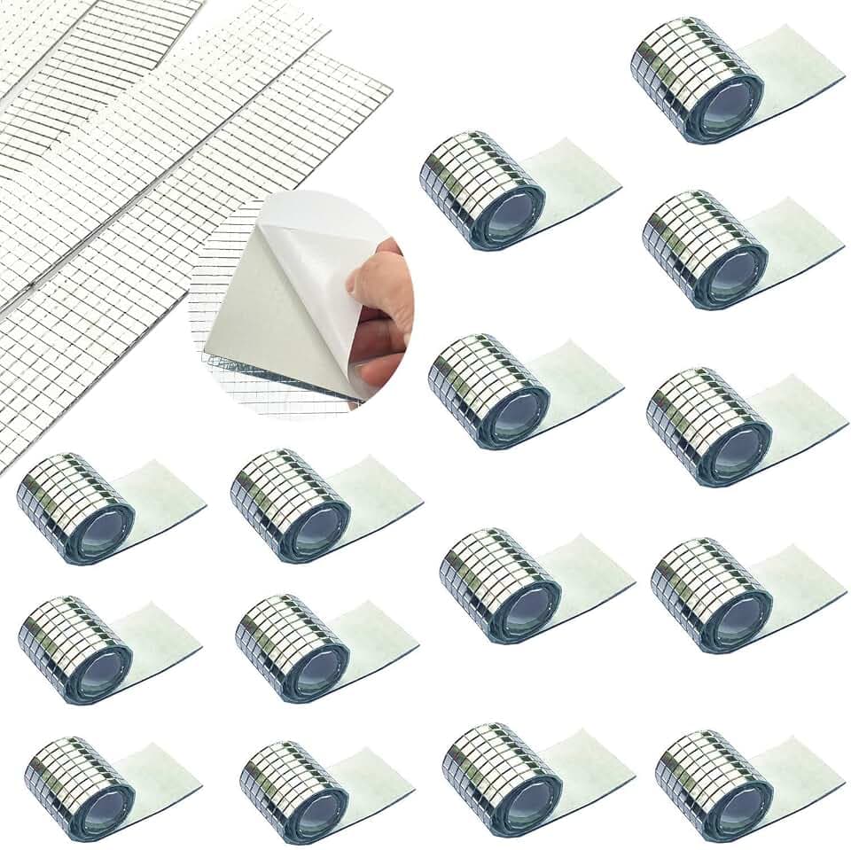 REDODECO 7200Pcs Mirror Mosaic Tiles Disco Ball Self-Adhesive Square Glass for Craft DIY,15 Sheets (Silver),(15SHEETGLASS)