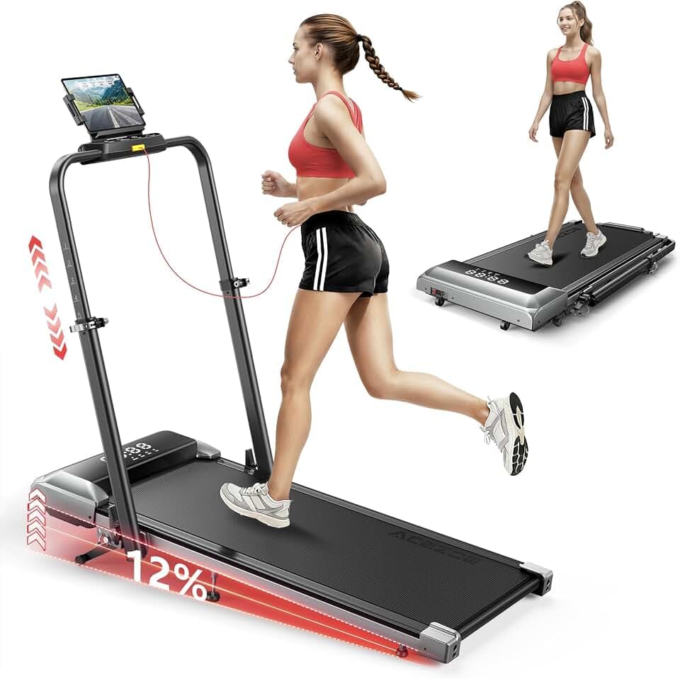 Acezoe Walking Pad with 12% Incline & Height-Adjustable Handlebar, 5-in-1 Foldable Treadmill for Home & Office, Portable Under Desk Treadmill with LED Display & App Control