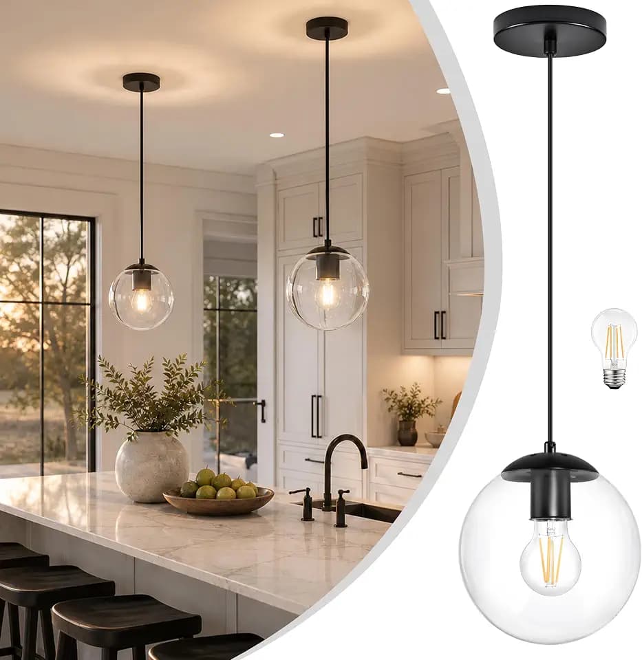 8 inch Globe Pendant Lighting for Kitchen Island Mid Century Modern Hanging Light Fixture with Clear Globe Glass Black Industrial Hanging Ceiling Lights for Bathroom Entryway (Bulb Incl.)