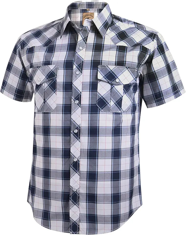 COEVALS CLUB Men's Western Plaid Pearl Snap Buttons Two Pocket Casual Short Sleeve Shirts