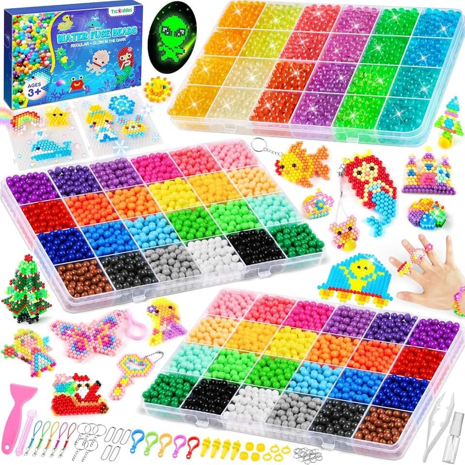 TicKiddos 6480+ Wasserperlen für kinder Set 72 große Gitter 36 Farben feste Wassernebelperlen 12 Farben leuchtende Wassernebelperlen Bunte Wasserperlen für Kinder