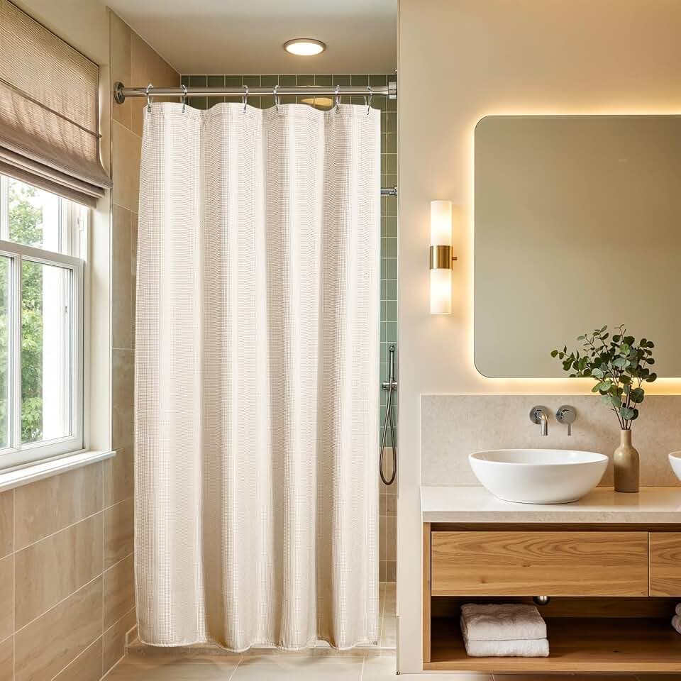 AmazerBath Stall Shower Curtain Beige, Cream Shower Curtain Fabric, Hotel Quality Bathroom Curtain Waffle Textured, Heavy Duty 240GSM, 36 x 72 Inches