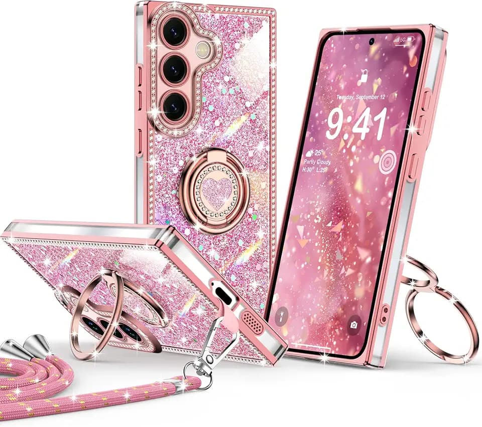 XYZ for Galaxy S26 Case, Glitter Bling Phone Cover with 2-Ring Heart Stand & Lanyard, Women Girls Luxury Rhinestone Shockproof Protective Case para Samsung S26, Pink