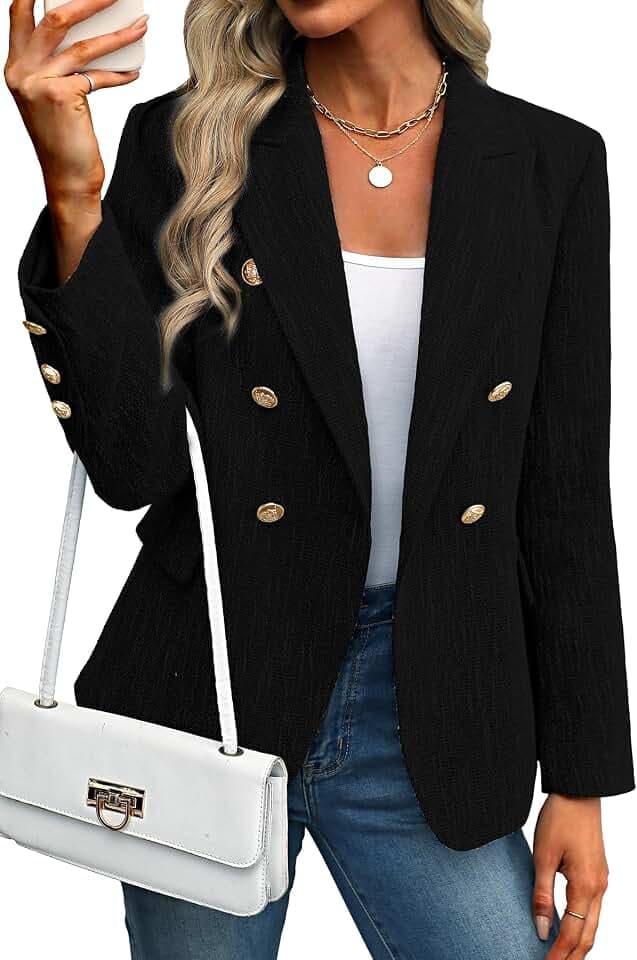 ELLEVEN Womens Tweed Blazers Business Casual Long Sleeve Double Breasted Bottons Jackets Work Suit Slim Fit Dressy Elegant Pockets Plaid Blazer Padded Shoulder Spring Fall Winter All Black Medium