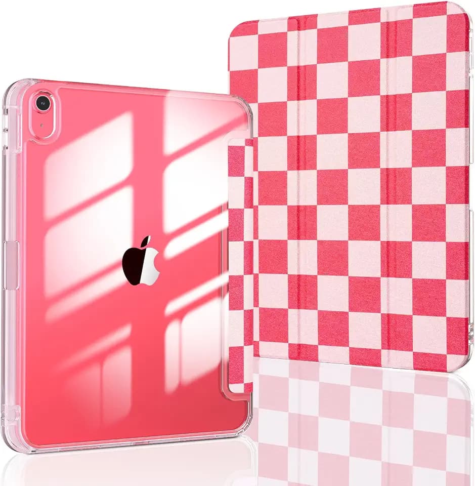 Slim Aesthetic Case for iPad A16 11th Generation 11 Inch 2025 / iPad 10th Gen 10.9'' 2022, Cute Girly Case for Women Girls, Pencil Holder, Clear Back, Auto Sleep Wake - Hot Pink Checkered