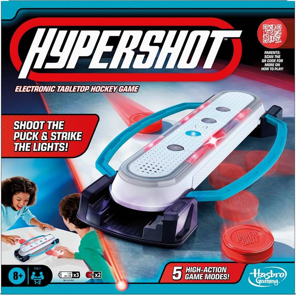 Hasbro Gaming Hypershot Elektronisches Tischhockey-Spiel, 5 Spiele in 1, Musik, Lichter und Geräusche, ab 8 Jahren, für 1 bis 2 Spieler, Brettspiele für Kinder